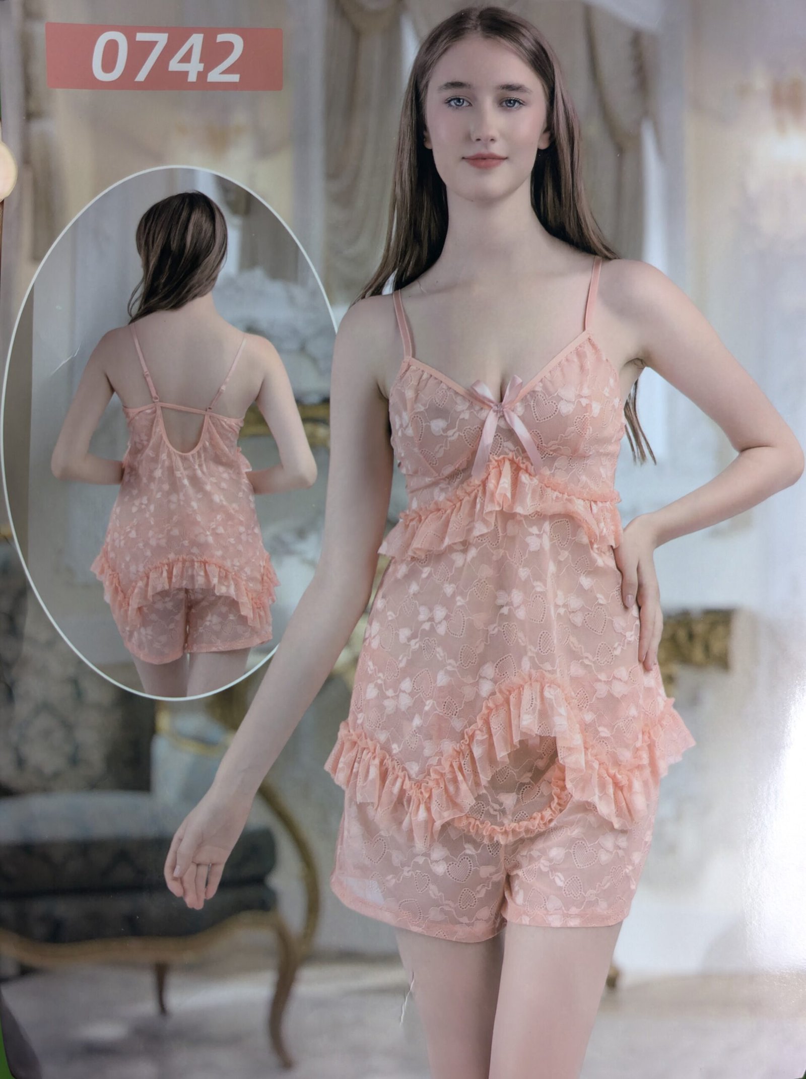 Peach Blossom Ruffle Lace Two-Piece Cami Sleepwear Set