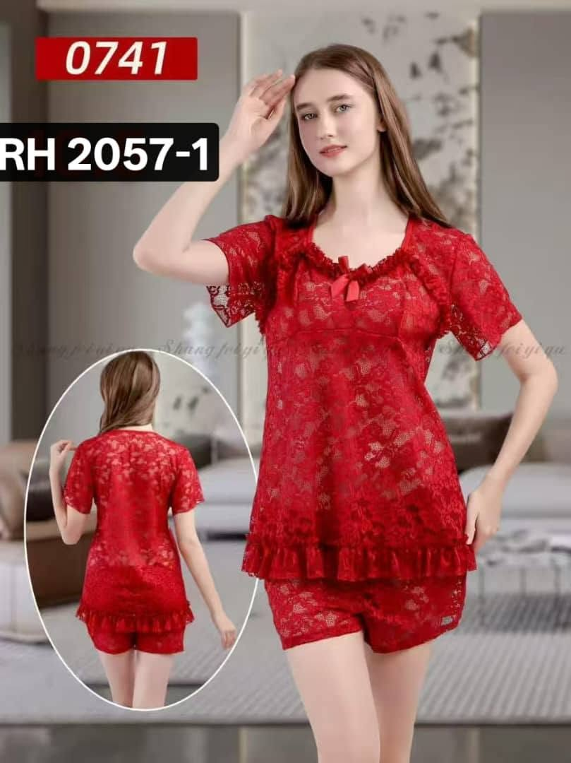 Ruby Blossom Floral Lace Two-Piece Sleepwear Lounge Set